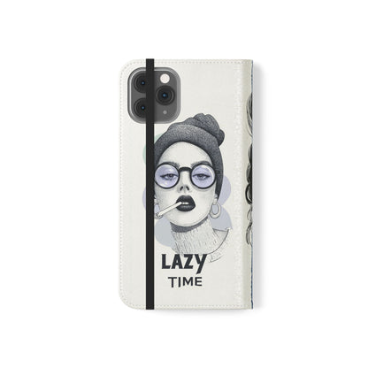 Phone Wallet Flip Case, Lazy Time Girl Design, Stylish Smartphone Case -iPhone case & Samsung Galaxy case, Gift for Her, Phone Accessory