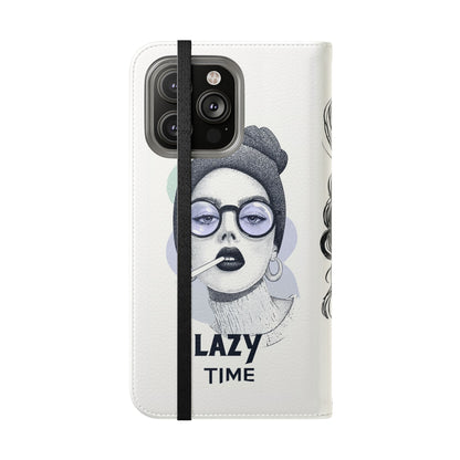 Phone Wallet Flip Case, Lazy Time Girl Design, Stylish Smartphone Case -iPhone case & Samsung Galaxy case, Gift for Her, Phone Accessory