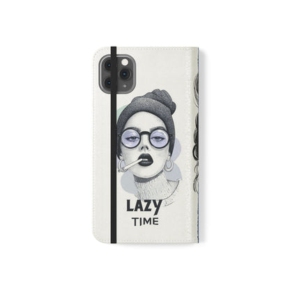 Phone Wallet Flip Case, Lazy Time Girl Design, Stylish Smartphone Case -iPhone case & Samsung Galaxy case, Gift for Her, Phone Accessory