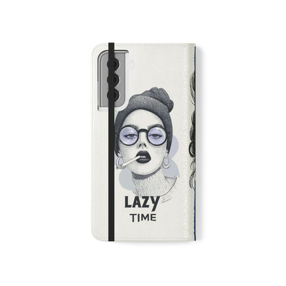 Phone Wallet Flip Case, Lazy Time Girl Design, Stylish Smartphone Case -iPhone case & Samsung Galaxy case, Gift for Her, Phone Accessory