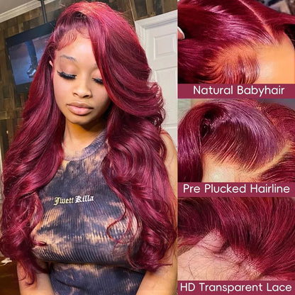 Burgundy 99J Body Wave 13x6 Hd Lace Frontal Human Hair Wig Transparent Lace Front Wigs For Women Brazilian Red Colored Wig 250%