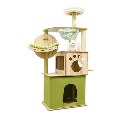 Wood Cat Tree House - Modern Multi-Level Cat Tree House with Scratching Post, Cat Scratcher Tree, and Cozy Cat House for Multiple Cats