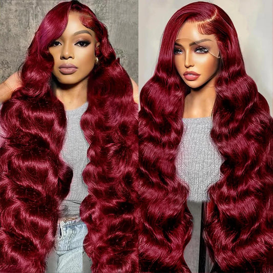 Burgundy 99J Body Wave 13x6 Hd Lace Frontal Human Hair Wig Transparent Lace Front Wigs For Women Brazilian Red Colored Wig 250%