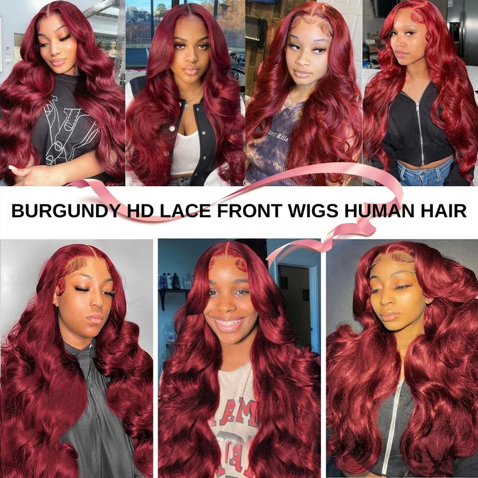 Burgundy 99J Body Wave 13x6 Hd Lace Frontal Human Hair Wig Transparent Lace Front Wigs For Women Brazilian Red Colored Wig 250%