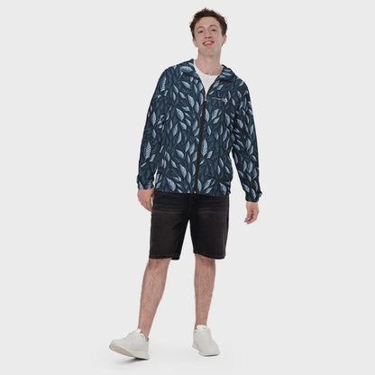 Dark Blue Leaf Print Windbreaker | Lightweight Waterproof Breathable Jacket Gift for Gemini & Libra