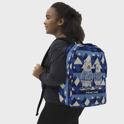 Boho Aesthetic Polar Bear  Backpack for back to school | Blue Geometric Boho Bear Backpack – Gift for Gemini & Aquarius｜Minimalist Backpack