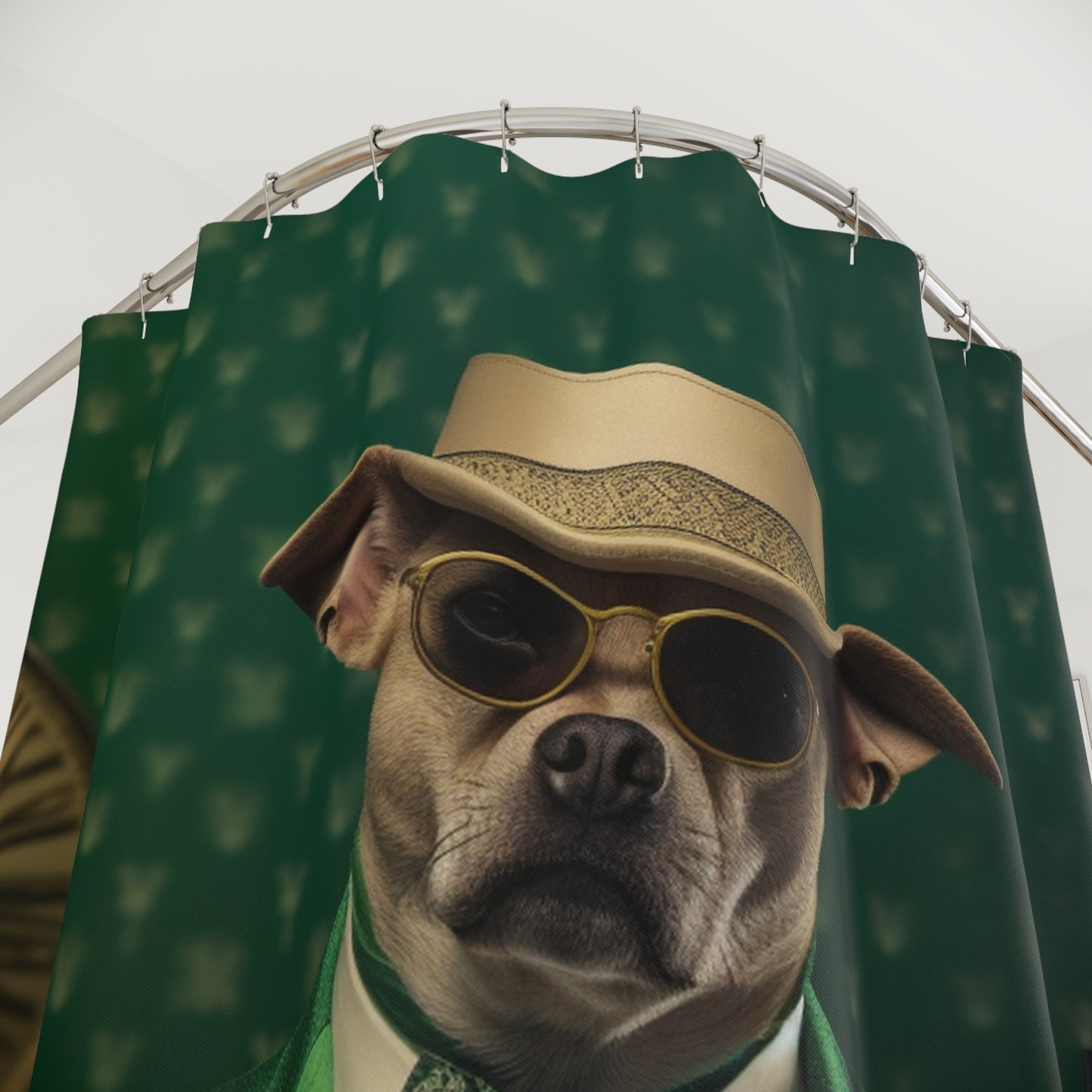Funny Dog Boss Green Colors Polyester Shower Curtain with Hooks  for Young man/kids bathroom decor