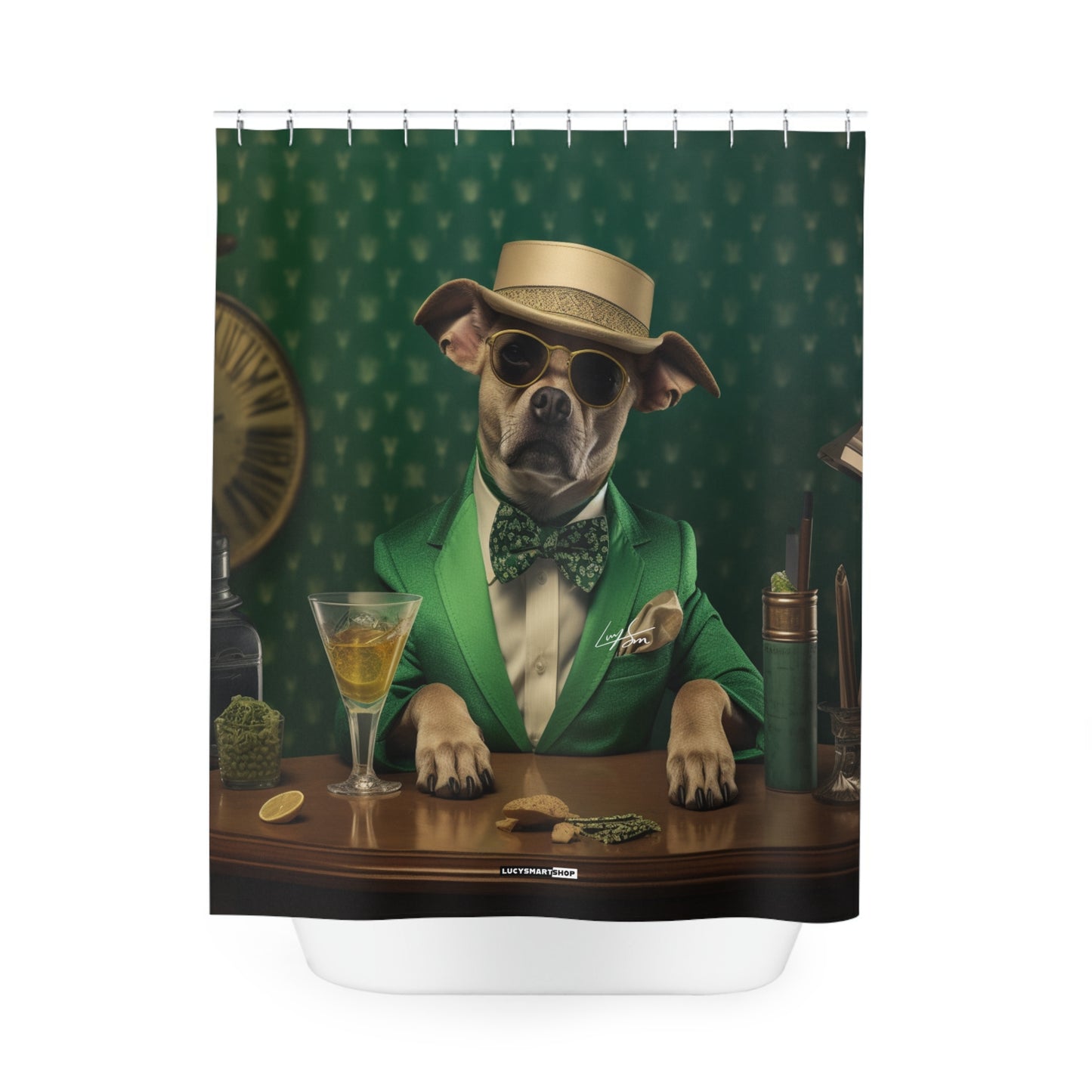 Funny Dog Boss Green Colors Polyester Shower Curtain with Hooks  for Young man/kids bathroom decor