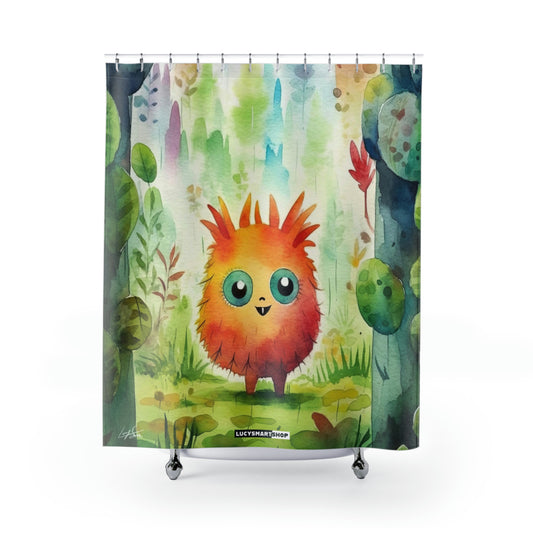 Green Cartoon Monster Shower Curtains with 12 Hooks - for kid Shower Curtains -72" × 72" inch - Cute elf monster in the forest