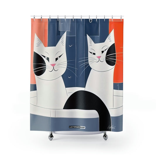 2 Cat Shower Curtains with Hooks - 2 Cute cartoon cats taking a bath | cat Cat Shower Curtains style #2